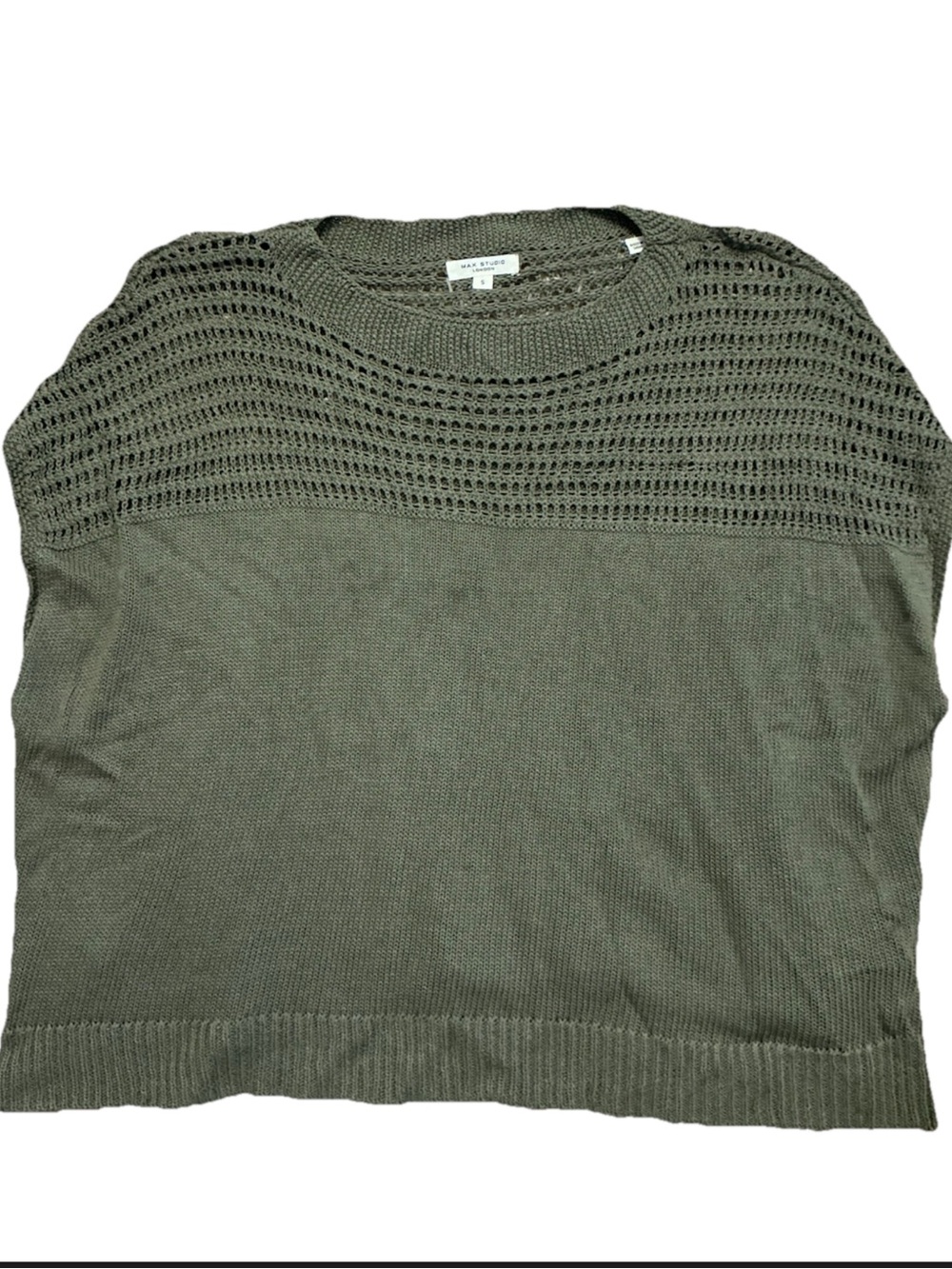 Max Studio London Olive Open Knit Linen Blend Sweater Top Size Small